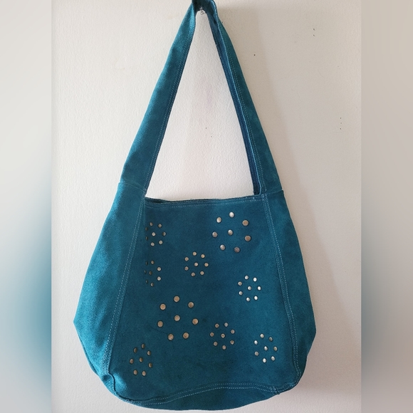 Old Navy Y2K Turquoise 100% Leather Western Studded Festival Hobo Bucket Bag - Picture 1 of 12